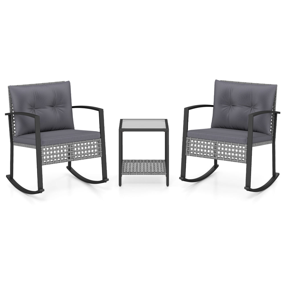 3-piece outdoor rocking chair set in gray with plush cushions and a glass-top table for relaxing garden conversations.