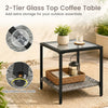 2-tier glass top coffee table with adjustable foot pads, perfect for storing outdoor essentials in your garden.