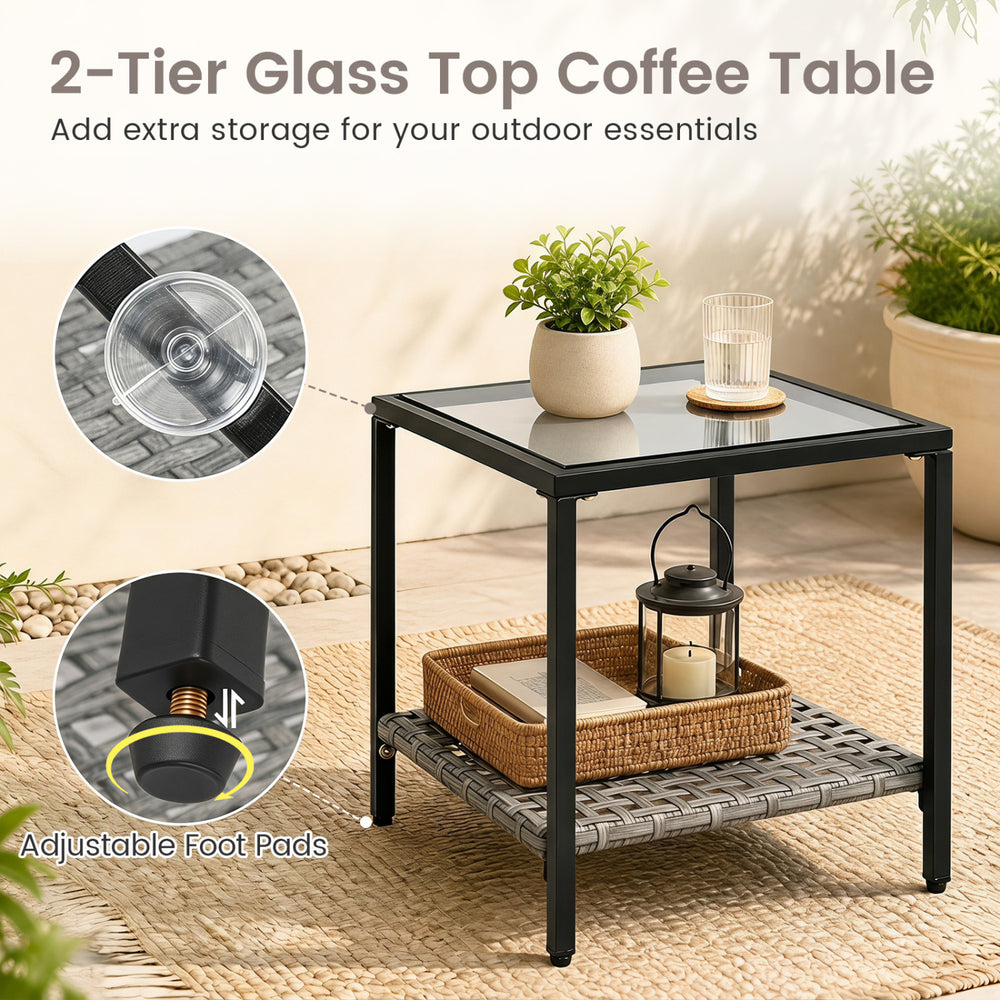 2-tier glass top coffee table with adjustable foot pads, perfect for storing outdoor essentials in your garden.