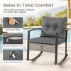 Gray rocking chair from the 3-piece outdoor set features thick cushions and a sturdy PE rattan design for relaxation.