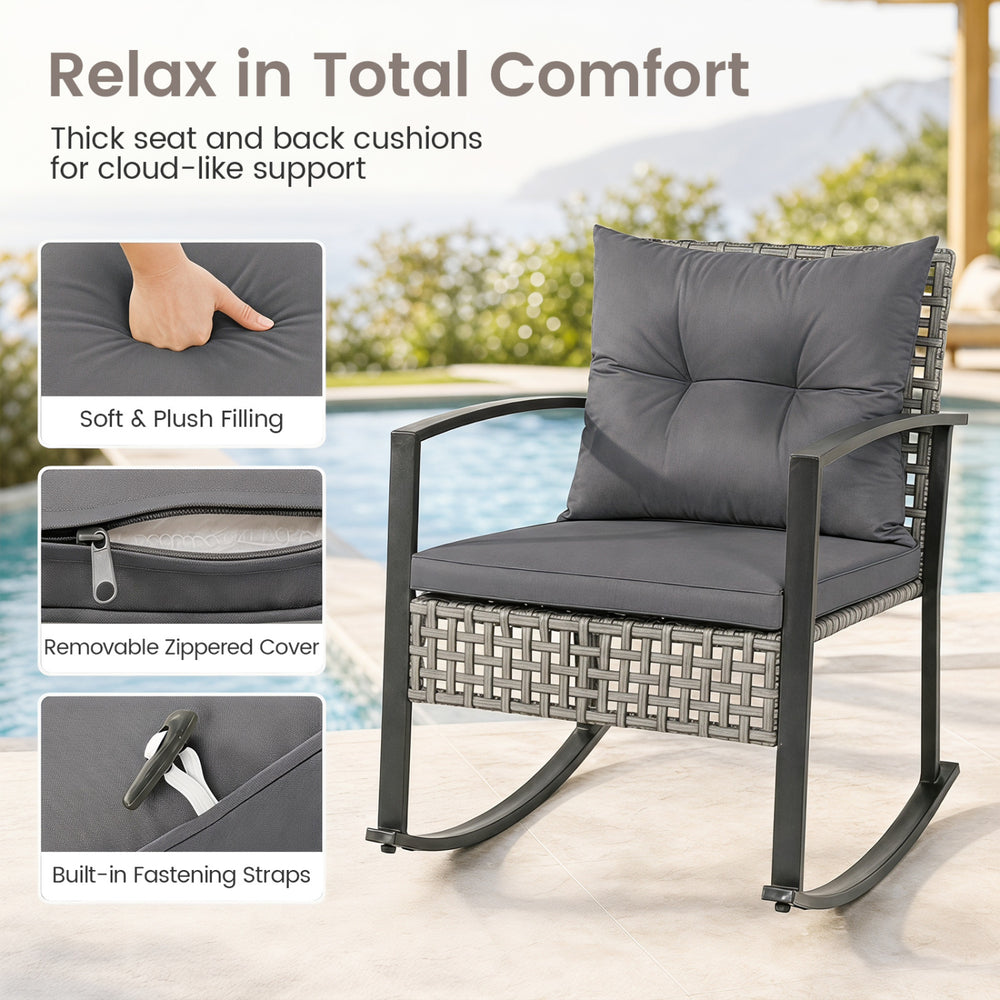 Gray rocking chair from the 3-piece outdoor set features thick cushions and a sturdy PE rattan design for relaxation.