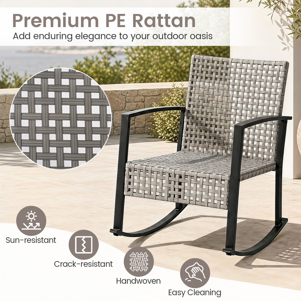 Gray rocking chair from the 3-piece outdoor set features premium PE rattan and plush cushions for ultimate comfort.