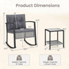 Dimensions of the 3-piece outdoor rocking chair set with gray cushions and a glass-top table for garden relaxation.