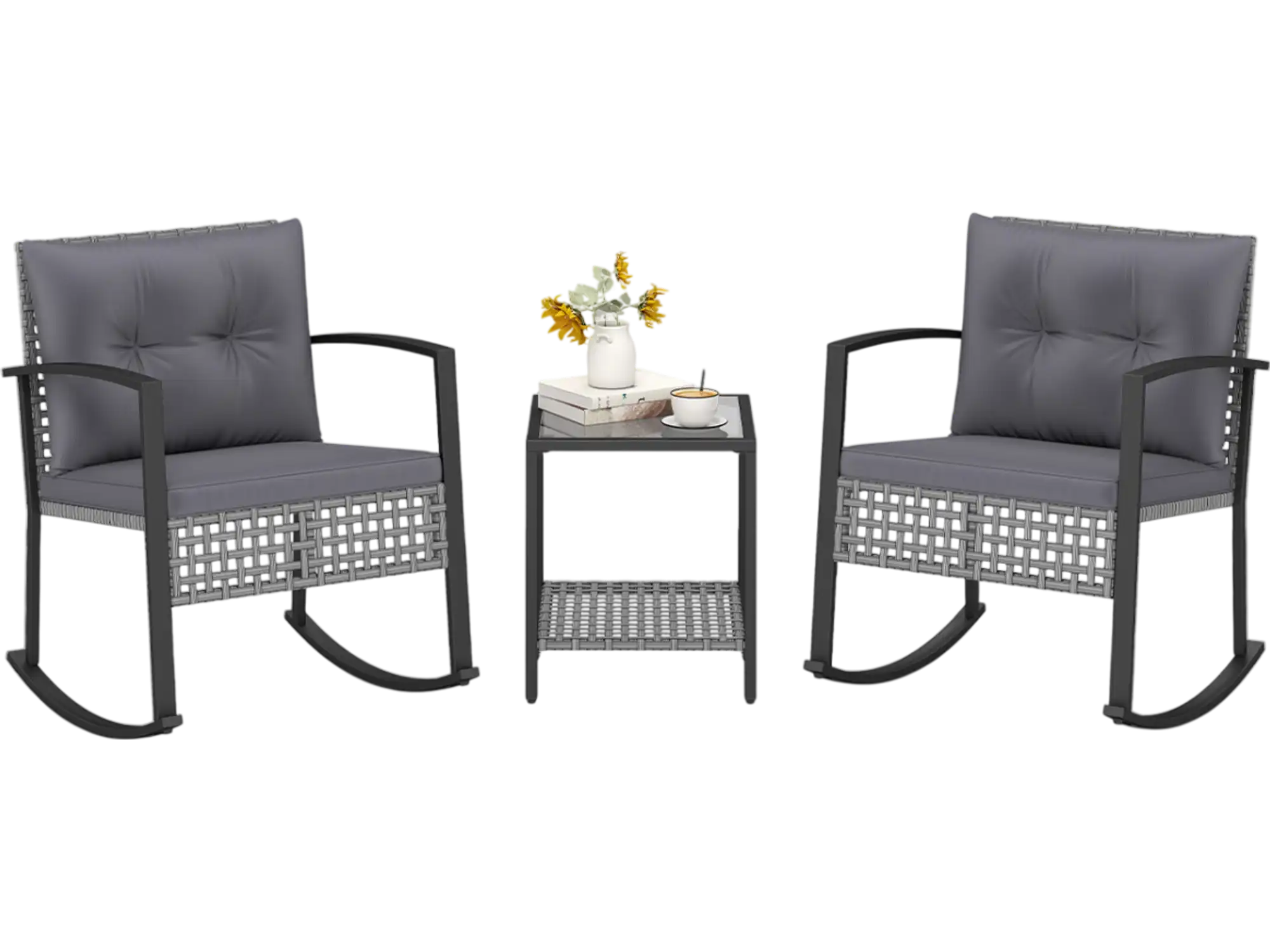 Costway 3-Piece Outdoor Wicker Rocking Chair Bistro Set 97431127 New