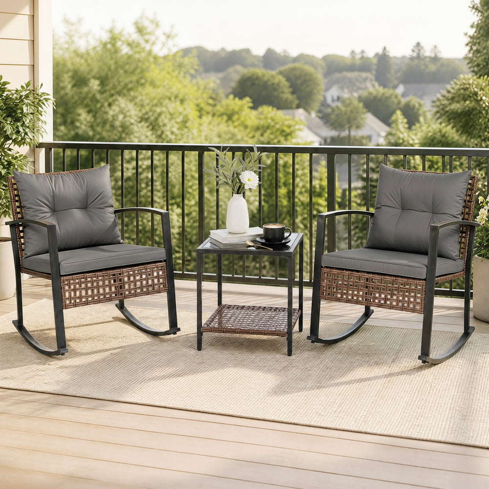 3-Piece Outdoor Rocking Chair Set-Gray - Gallery View 1 of 10
