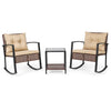 3-piece outdoor rocking chair set featuring brown PE rattan chairs with thick cushions and a glass-top coffee table.