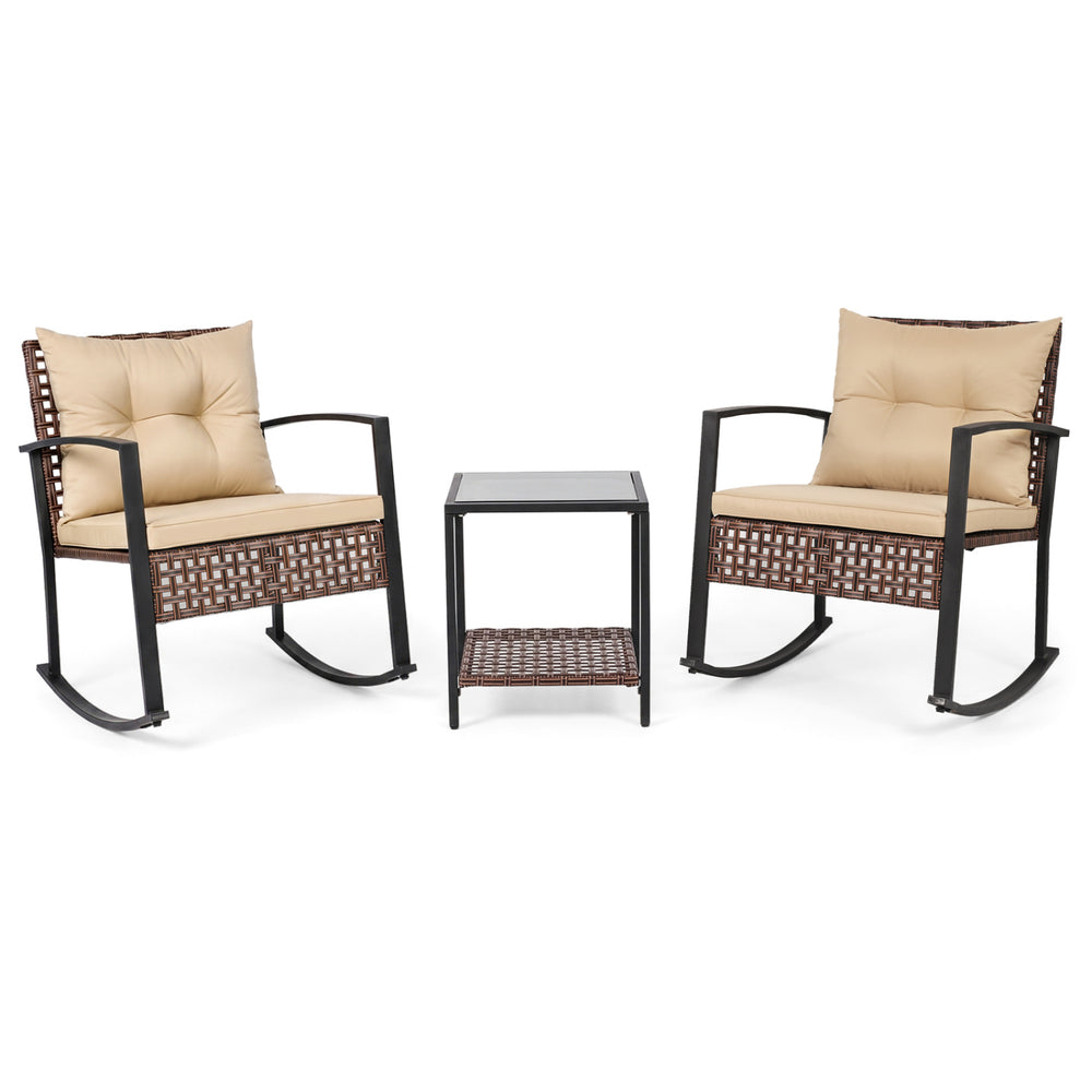 3-piece outdoor rocking chair set featuring brown PE rattan chairs with thick cushions and a glass-top coffee table.