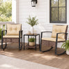 Two brown rocking chairs with thick cushions and a glass-top table create a stylish outdoor conversation space.