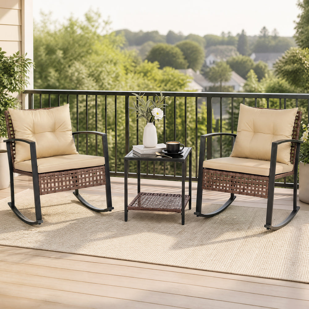 3-Piece Outdoor Rocking Chair Set-Brown - Gallery View 1 of 10