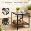 2-tier glass top coffee table with adjustable foot pads and storage for outdoor essentials in a stylish brown finish.