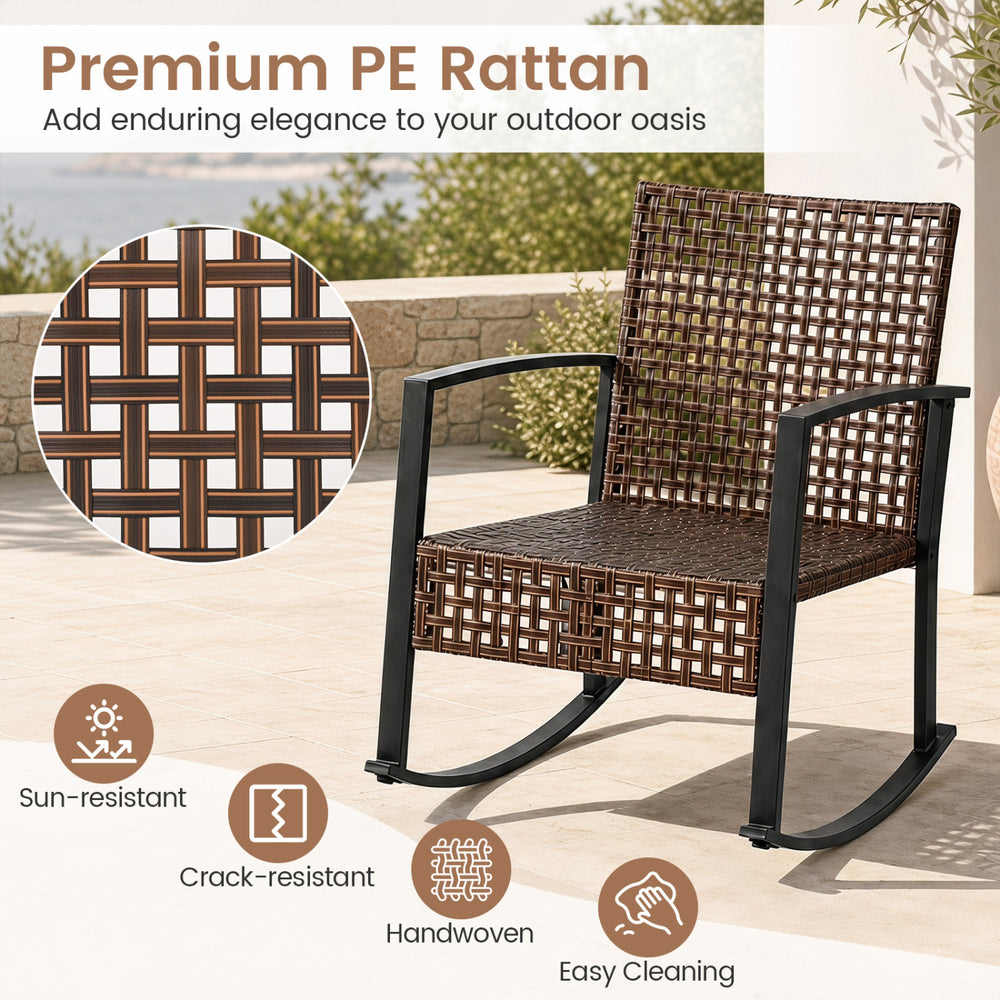 Brown rocking chair from the 3-piece outdoor set features premium PE rattan and thick cushions for ultimate comfort.