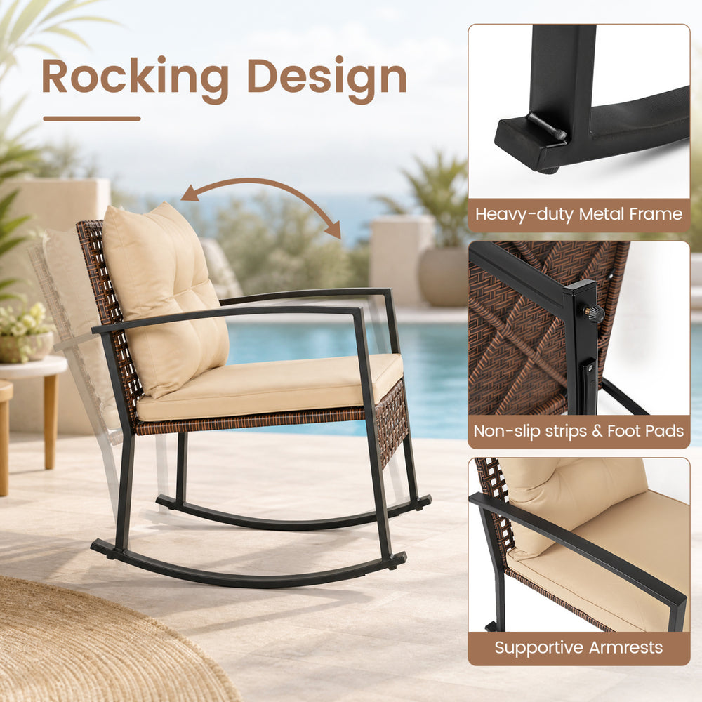 Rocking chair set featuring a heavy-duty metal frame, plush cushions, and elegant PE rattan for outdoor relaxation.