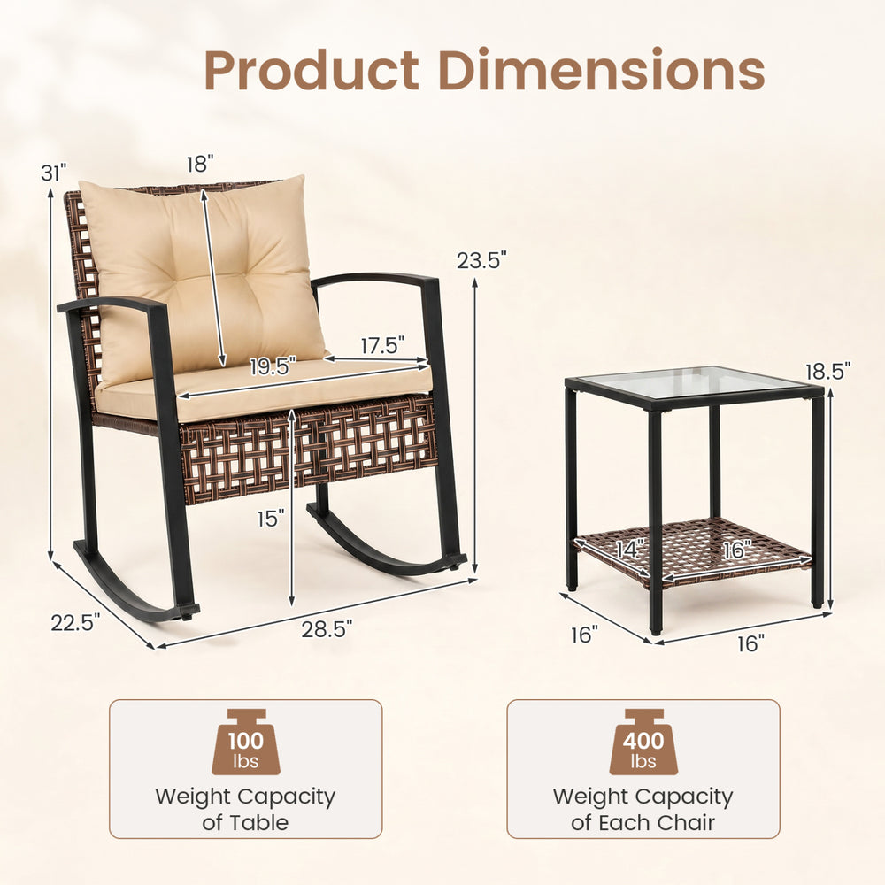 3-piece outdoor rocking chair set featuring brown PE rattan, thick cushions, and a glass-top coffee table for relaxation.