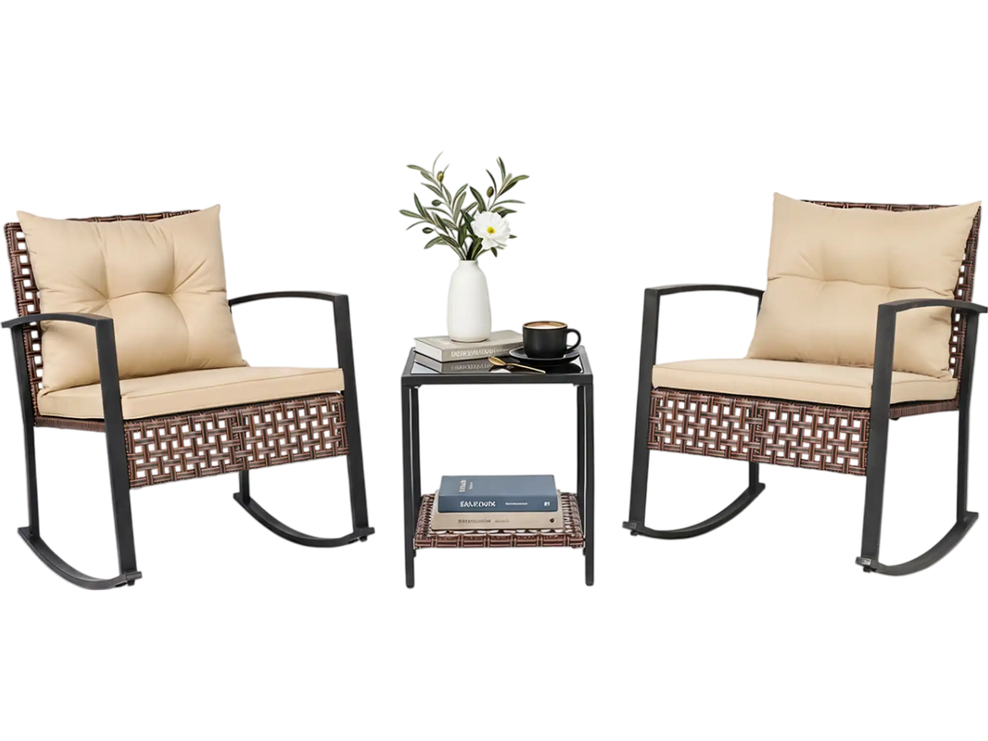 Costway 3-Piece Outdoor Wicker Rocking Bistro Set 85598898 New
