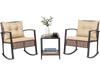3-piece outdoor rocking chair set in brown with plush cushions and a glass-top coffee table for relaxing moments.