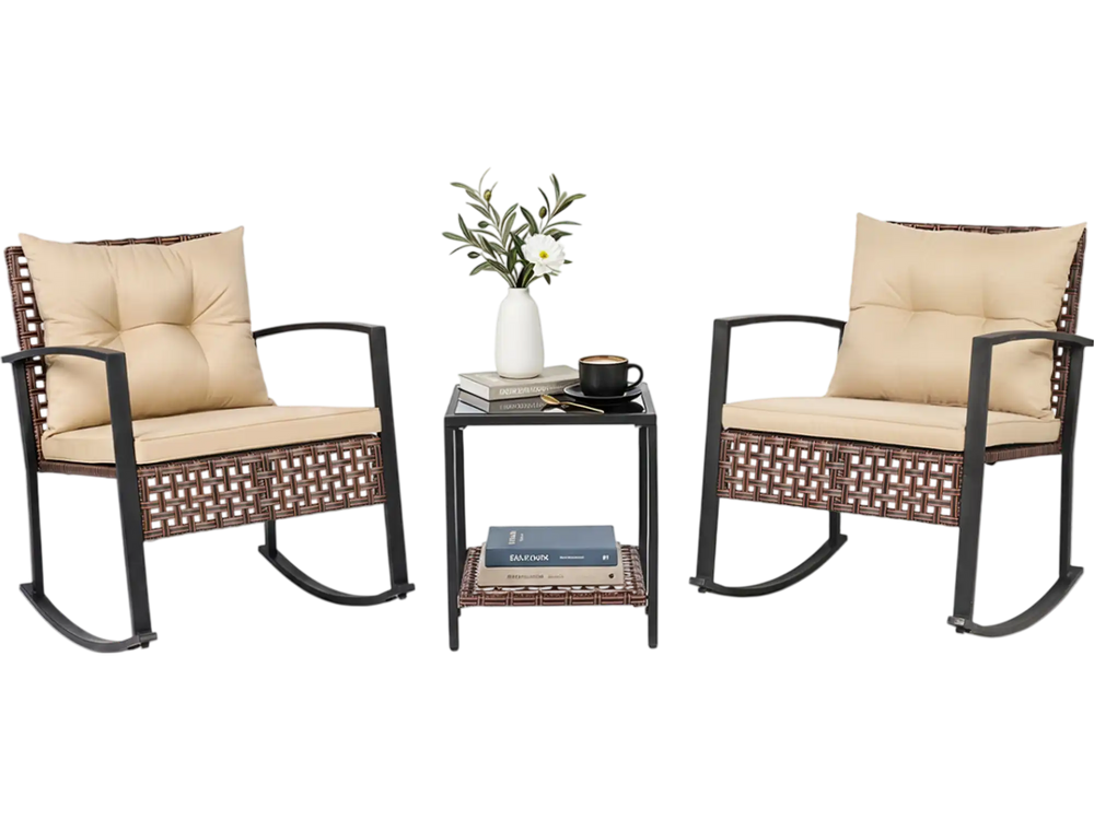 3-piece outdoor rocking chair set in brown with plush cushions and a glass-top coffee table for relaxing moments.