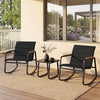 Two black rocking chairs with a tempered glass table, perfect for outdoor relaxation on your porch or patio.