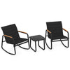 Two black rocking chairs with a tempered glass top table, perfect for outdoor patios and porches.