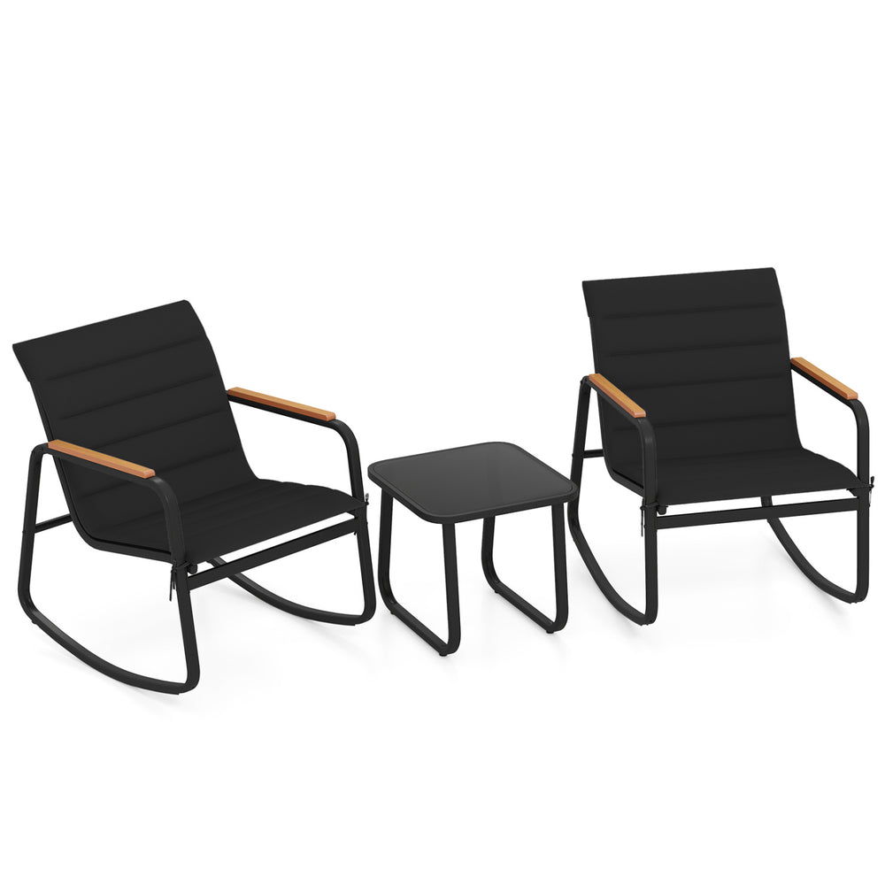 Two black rocking chairs with a tempered glass top table, perfect for outdoor patios and porches.