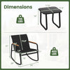 Dimensions of the 3 Piece Outdoor Rocking Bistro Set, featuring a black chair and tempered glass top table for patio use.