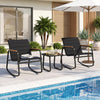 Two black rocking chairs with a tempered glass table, perfect for outdoor patios and poolside relaxation.
