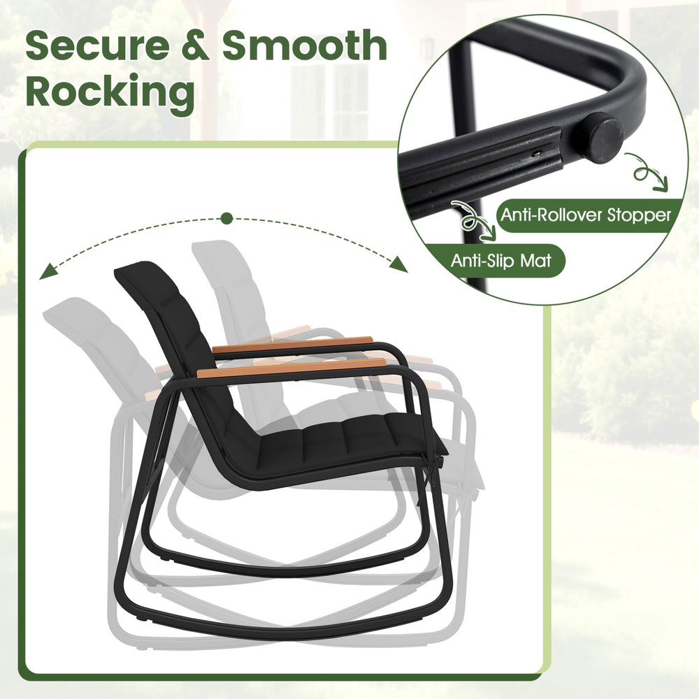 Black outdoor rocking chair from the 3 Piece Bistro Set features anti-slip mats and comfortable armrests for stability.