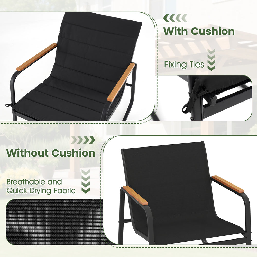Black outdoor rocking chair with breathable fabric, quick-drying design, and comfortable armrests for patio relaxation.