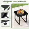 Tempered glass tabletop with rounded edges and adjustable foot pads, perfect for outdoor bistro set use.