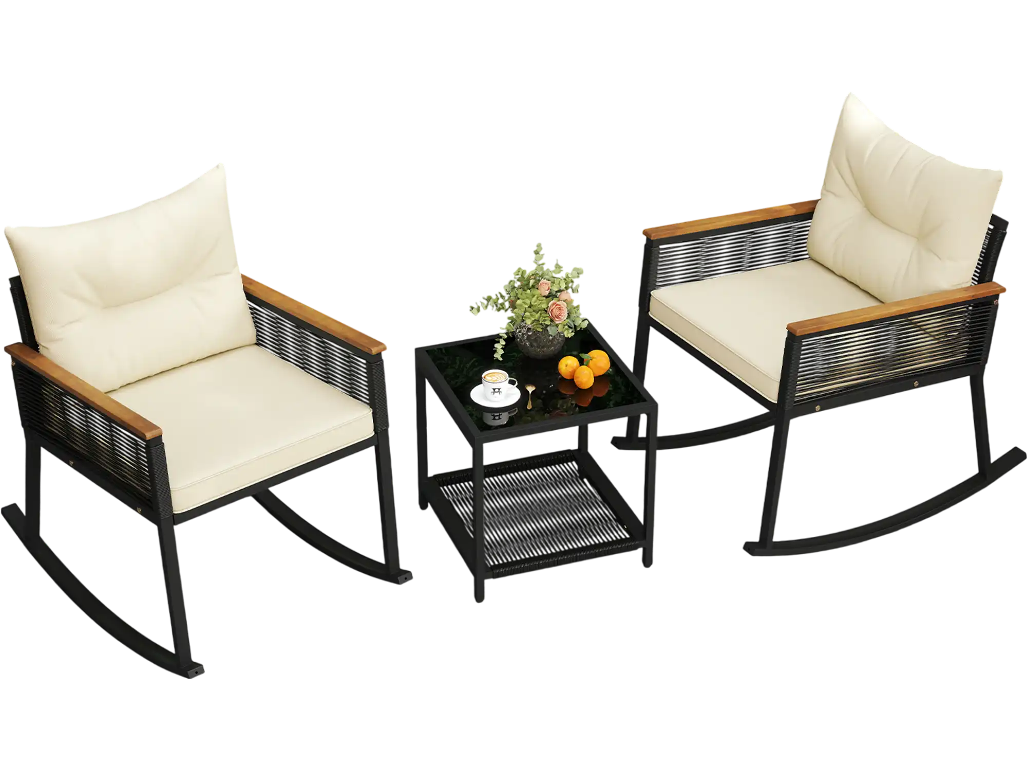 Costway 3 Piece Outdoor PE Rattan Rocking Bistro Set w/ 2-Tier Coffee Table Black 589316724 New