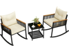Rocking chair with cream cushion and acacia wood armrests, made of durable black PE rattan for stylish outdoor seating.