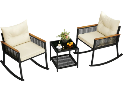 Costway 3 Piece Outdoor PE Rattan Rocking Bistro Set w/ 2-Tier Coffee Table Black 589316724 New