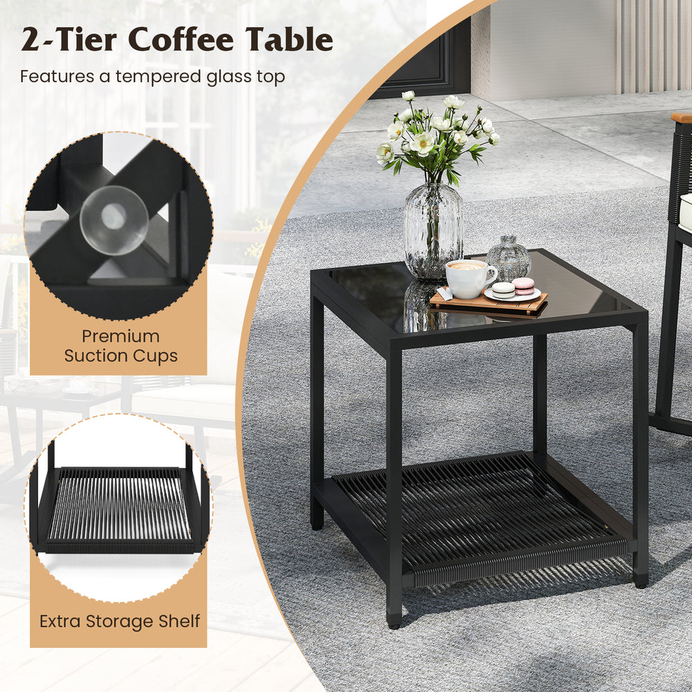 2-tier coffee table with tempered glass top and extra storage shelf, perfect for outdoor patio use.