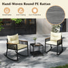 Two rocking chairs with cream cushions and a black coffee table, made of anti-fading PE rattan, perfect for outdoor use.