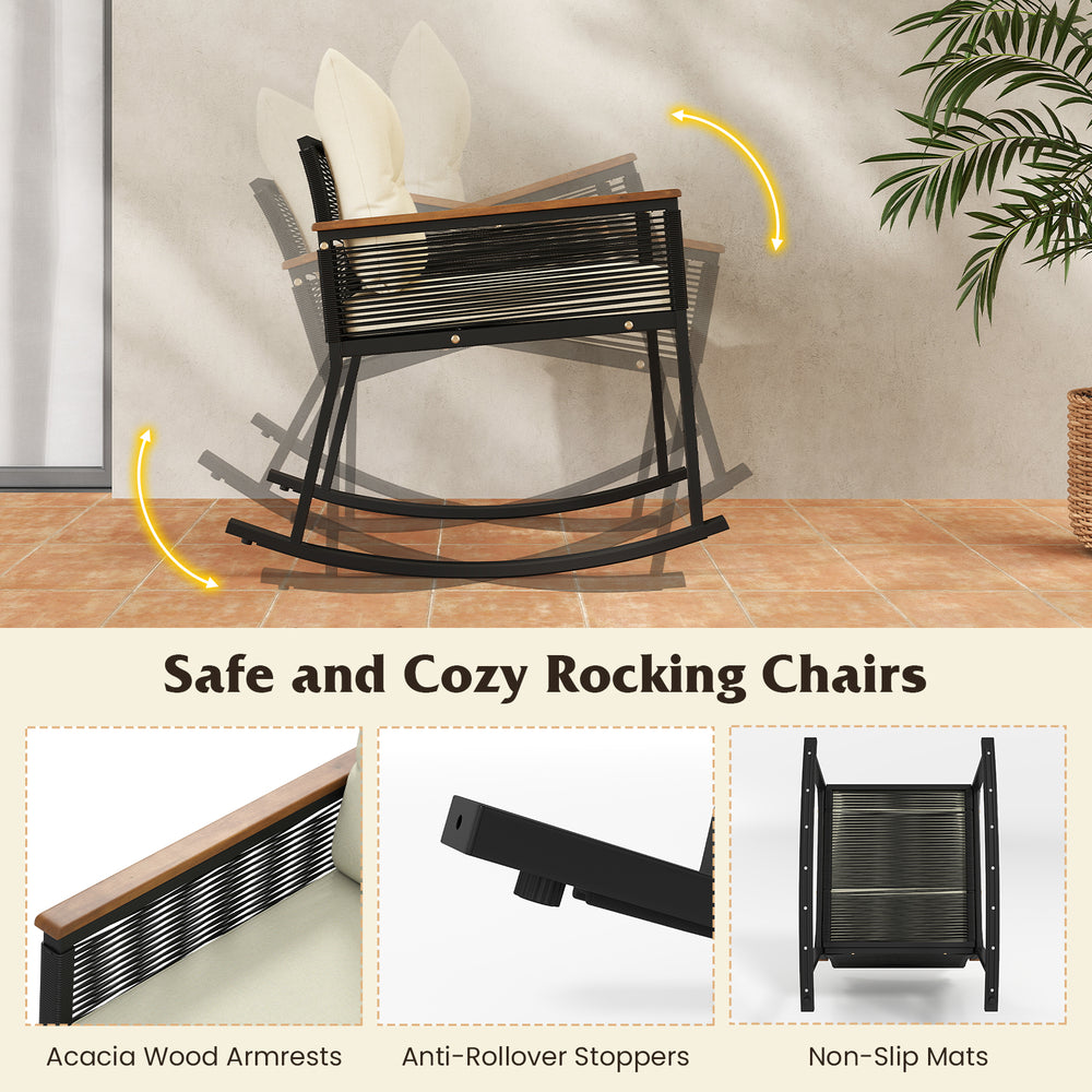 Black rocking chair with acacia wood armrests and PE rattan, featuring anti-rollover stoppers for safe outdoor use.