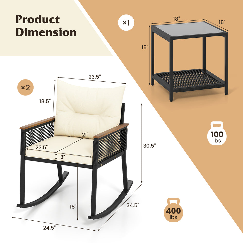 Rocking chair from the 3 Piece Outdoor PE Rattan Bistro Set with cream cushions and black frame for patio relaxation.