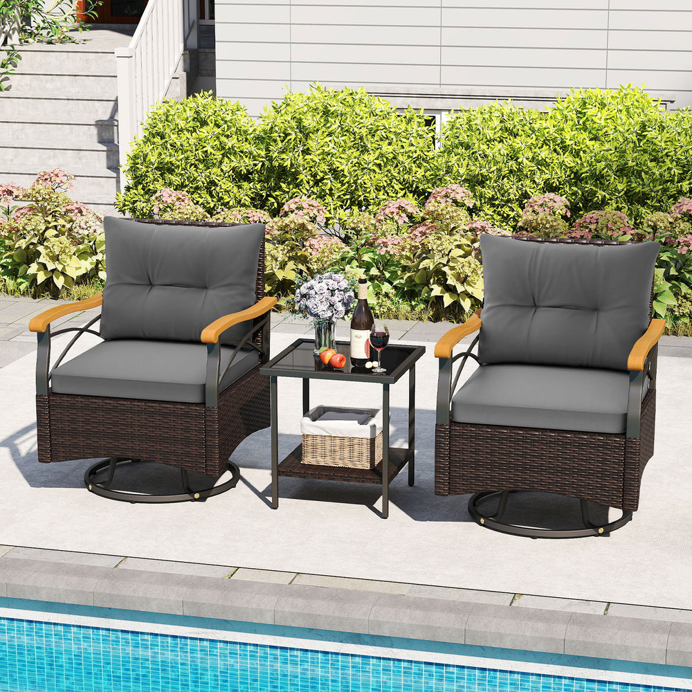 Gray swivel chair with soft cushions and a sturdy metal frame, showcasing ergonomic design for ultimate outdoor comfort.