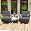 Two gray swivel chairs with acacia wood armrests and a tempered glass side table, perfect for outdoor relaxation.