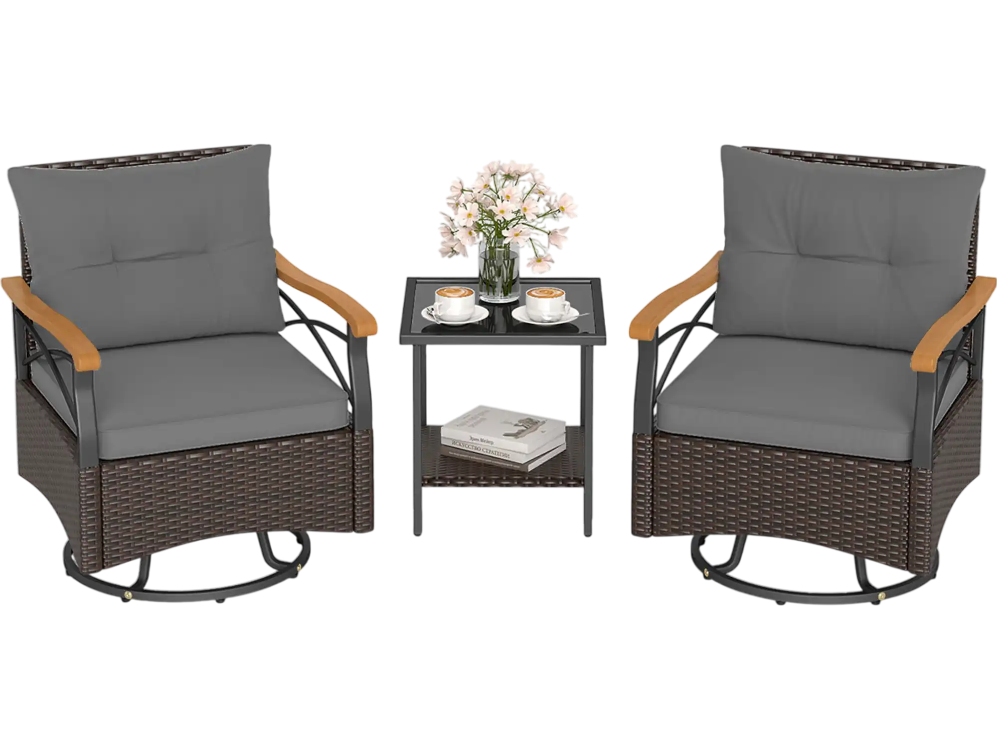Costway 3-Pc Outdoor Swivel Chair Patio Set w/ Tempered Glass Side Table 249167853 New