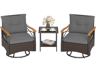 Costway 3-Pc Outdoor Swivel Chair Set w/ Tempered Glass Side Table 249167853 New
