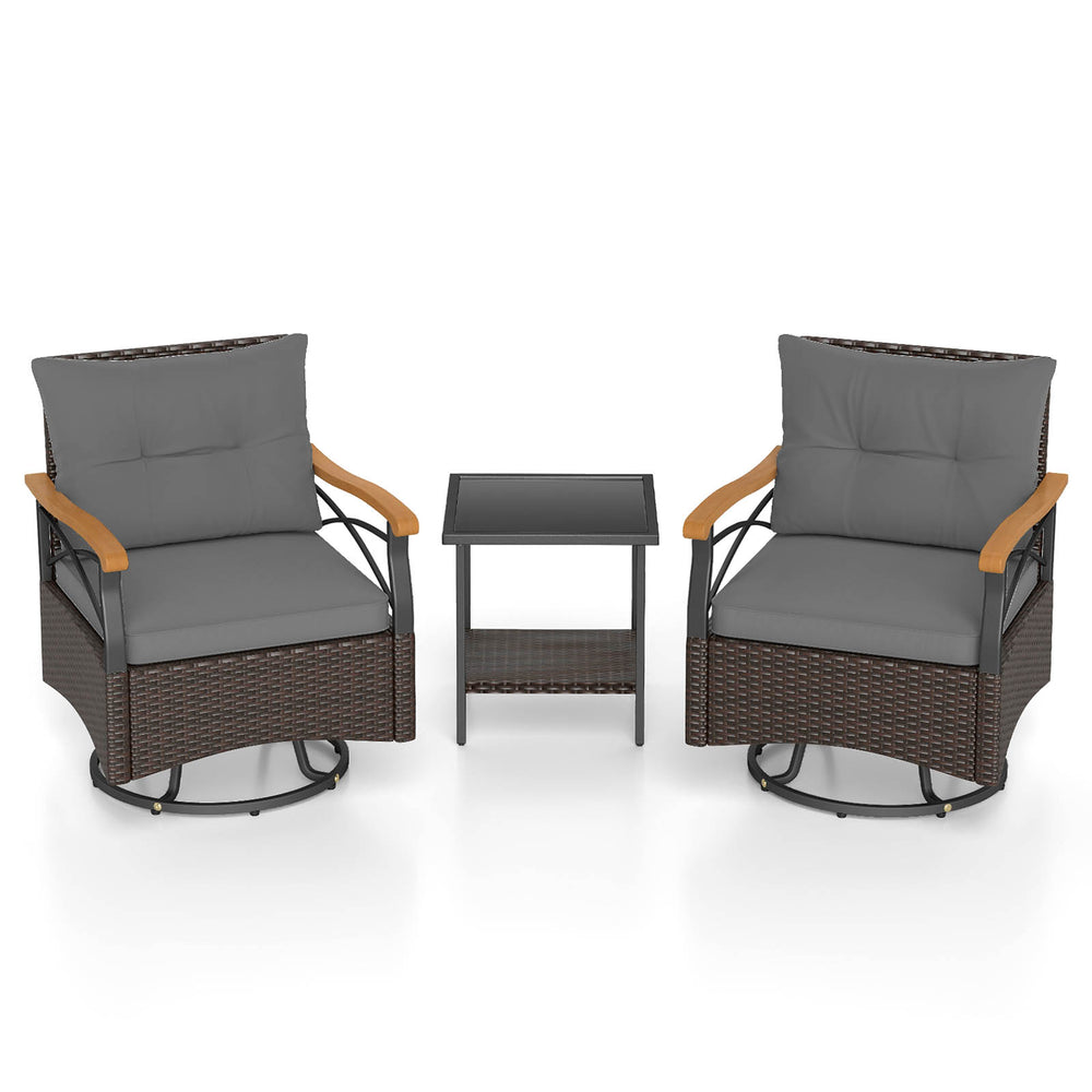 Gray swivel chair set with soft cushions and acacia wood armrests, ideal for comfortable outdoor lounging.