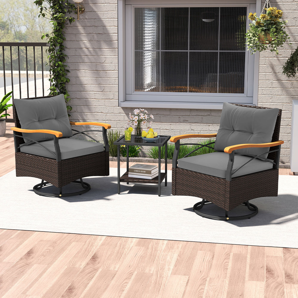 Gray swivel chair featuring soft cushions and a sturdy metal frame, ideal for comfortable outdoor seating on a patio.