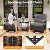 Gray outdoor swivel chair set featuring PE rattan, soft cushions, and a tempered glass side table for backyard.