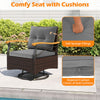 Swivel chair with gray cushions, PE rattan, and acacia wood armrests, perfect for outdoor relaxation by the poolside.