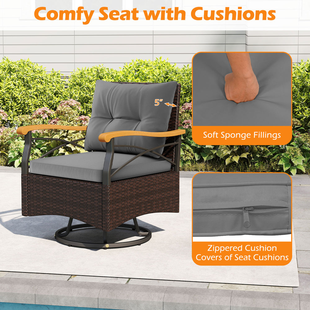 Swivel chair with gray cushions, PE rattan, and acacia wood armrests, perfect for outdoor relaxation by the poolside.
