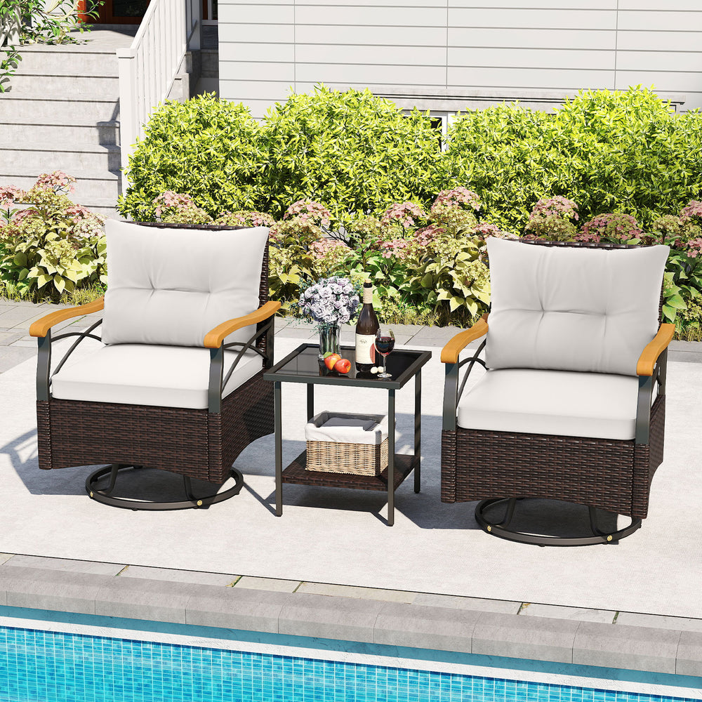3 Piece Outdoor Swivel Chair Set with Tempered Glass Side Table-White - Gallery View 1 of 10