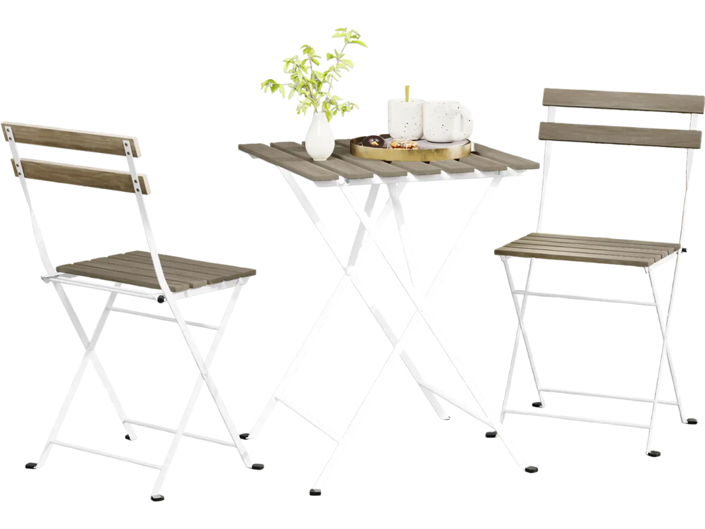 3-piece patio bistro set featuring gray acacia wood tabletop and slatted chairs, perfect for outdoor dining.