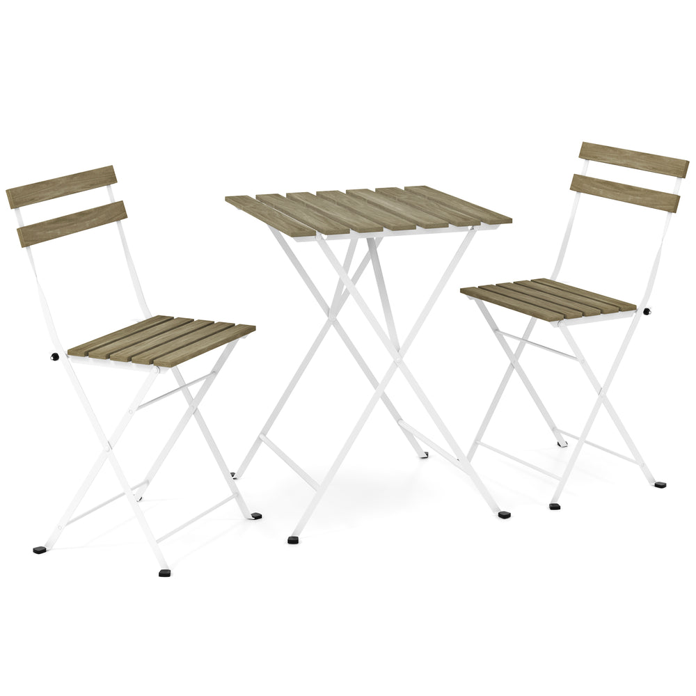 3-piece patio bistro set featuring gray acacia wood slatted tabletop and folding chairs, ideal for outdoor dining.