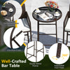 Round bar table with tempered glass top and sturdy metal frame, featuring adjustable foot pads for outdoor use.