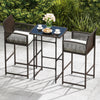 3 piece patio bar set featuring a wicker table and two ergonomic armchairs with white cushions for outdoor relaxation.