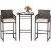 3-piece patio bar set featuring a wicker table and two ergonomic armchairs with white seat cushions for outdoor.